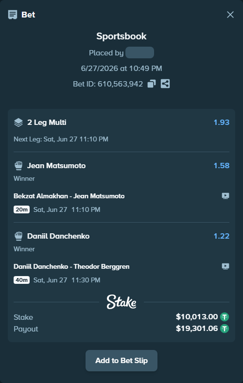 Bet slip: Daniil Danchenko - Theodor Berggren, $10,023.01 stake at 1.22 odds, placed by Rosspicks