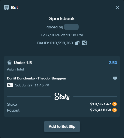 Bet slip: Daniil Danchenko - Theodor Berggren, $10,847.04 stake at 2.50 odds, placed by theoutlaw