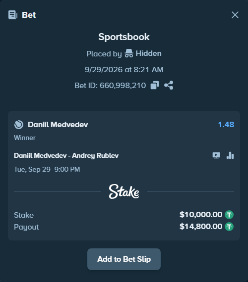 Bet slip: Daniil Medvedev - Andrey Rublev, $10,000.00 stake at 1.48 odds, placed by AffiliateSquad