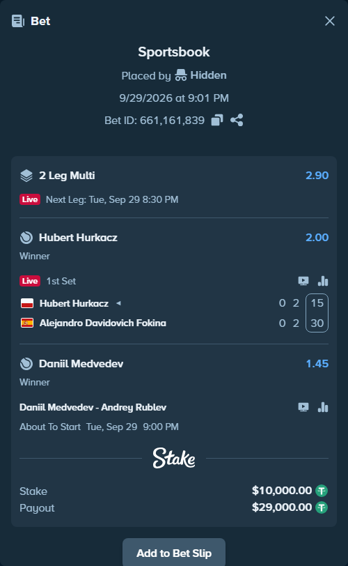 Bet slip: Daniil Medvedev - Andrey Rublev, $10,000.00 stake at 1.45 odds, placed by Hidden