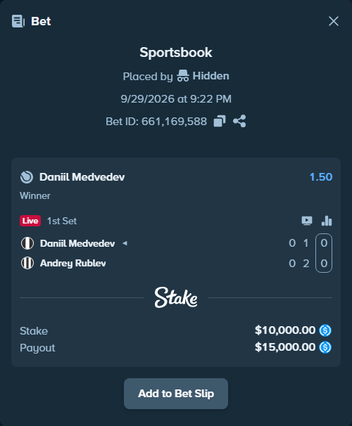 Bet slip: Daniil Medvedev - Andrey Rublev, $10,000.00 stake at 1.50 odds, placed by Hidden