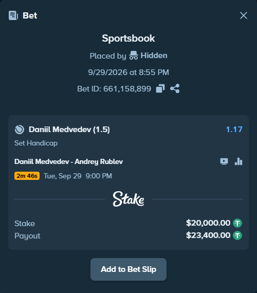 Bet slip: Daniil Medvedev - Andrey Rublev, $20,000.00 stake at 1.17 odds, placed by Hidden