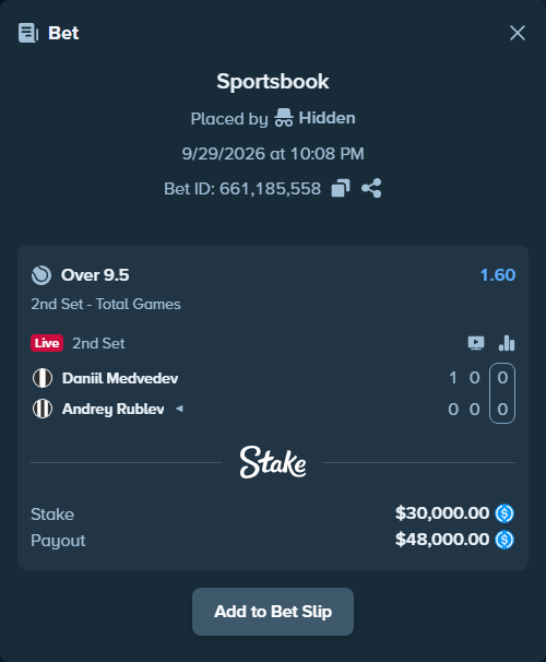 Bet slip: Daniil Medvedev - Andrey Rublev, $30,000.00 stake at 1.60 odds, placed by Hidden