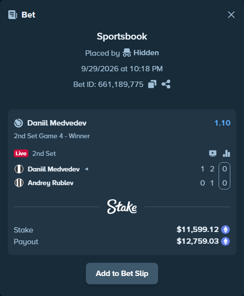 Bet slip: Daniil Medvedev - Andrey Rublev, $9,734.79 stake at 1.10 odds, placed by AtomiZ