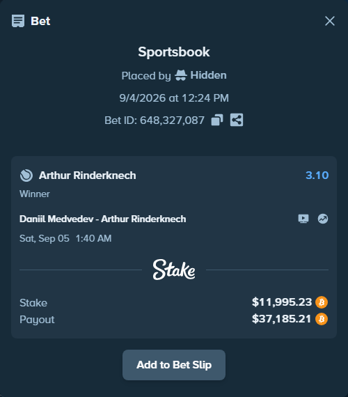 Bet slip: Daniil Medvedev - Arthur Rinderknech, $12,025.60 stake at 3.10 odds, placed by Hidden