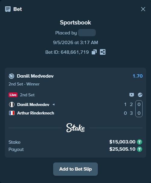 Bet slip: Daniil Medvedev - Arthur Rinderknech, $15,000.00 stake at 1.70 odds, placed by Mrazova
