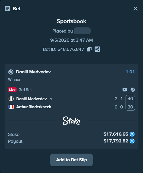 Bet slip: Daniil Medvedev - Arthur Rinderknech, $17,616.65 stake at 1.01 odds, placed by Arbe7