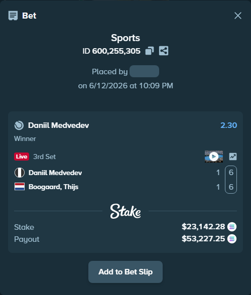 Bet slip: Daniil Medvedev - Boogaard, Thijs, $25,415.17 stake at 2.30 odds, placed by Prettylfacko98