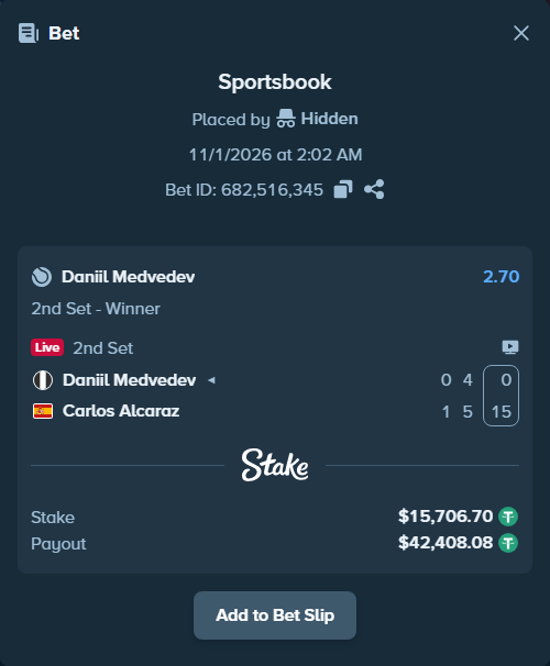 Bet slip: Daniil Medvedev - Carlos Alcaraz, $15,722.40 stake at 2.70 odds, placed by Hidden