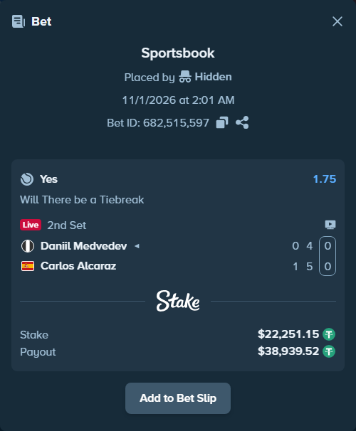 Bet slip: Daniil Medvedev - Carlos Alcaraz, $22,273.40 stake at 1.75 odds, placed by Hidden