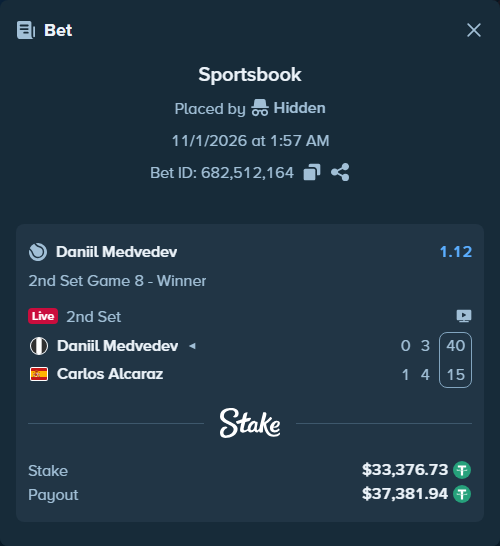 Bet slip: Daniil Medvedev - Carlos Alcaraz, $33,410.10 stake at 1.12 odds, placed by Hidden