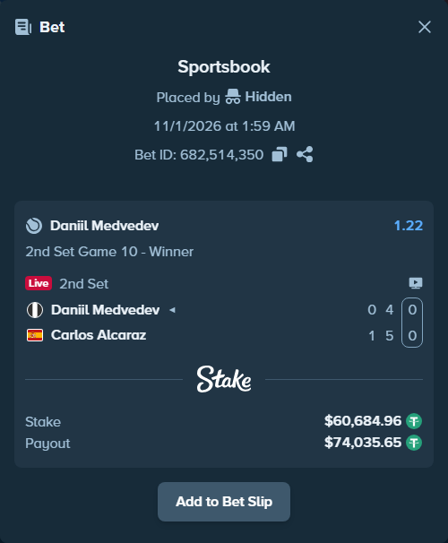 Bet slip: Daniil Medvedev - Carlos Alcaraz, $60,745.64 stake at 1.22 odds, placed by Hidden