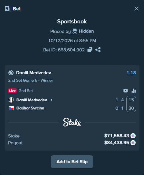 Bet slip: Daniil Medvedev - Dalibor Svrcina, $71,392.27 stake at 1.18 odds, placed by Prettylfacko98