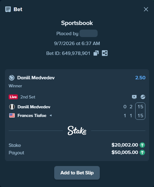 Bet slip: Daniil Medvedev - Frances Tiafoe, $20,000.00 stake at 2.50 odds, placed by Mrazova