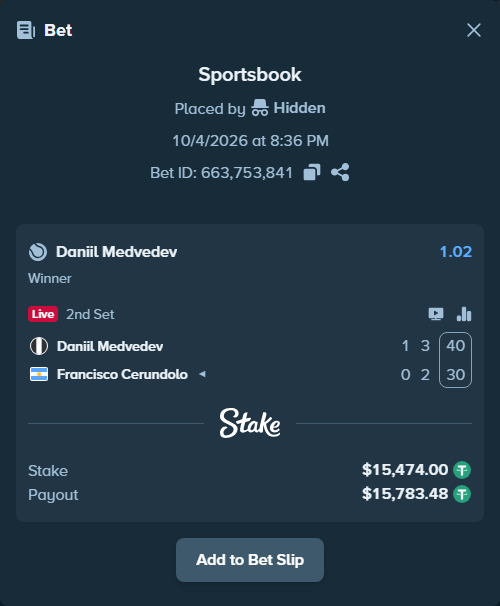 Bet slip: Daniil Medvedev - Francisco Cerundolo, $15,474.00 stake at 1.02 odds, placed by Hidden