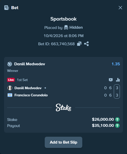 Bet slip: Daniil Medvedev - Francisco Cerundolo, $26,000.00 stake at 1.35 odds, placed by Hidden
