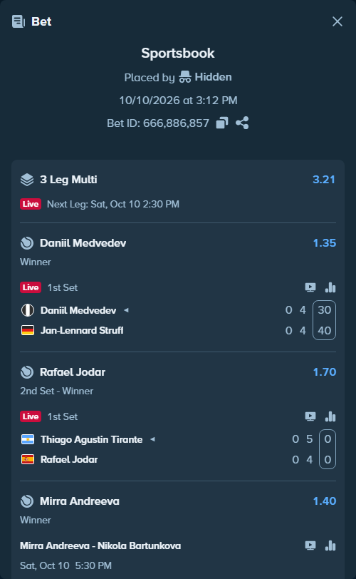 Bet slip: Daniil Medvedev - Jan-Lennard Struff, $14,908.50 stake at 1.35 odds, placed by Hidden