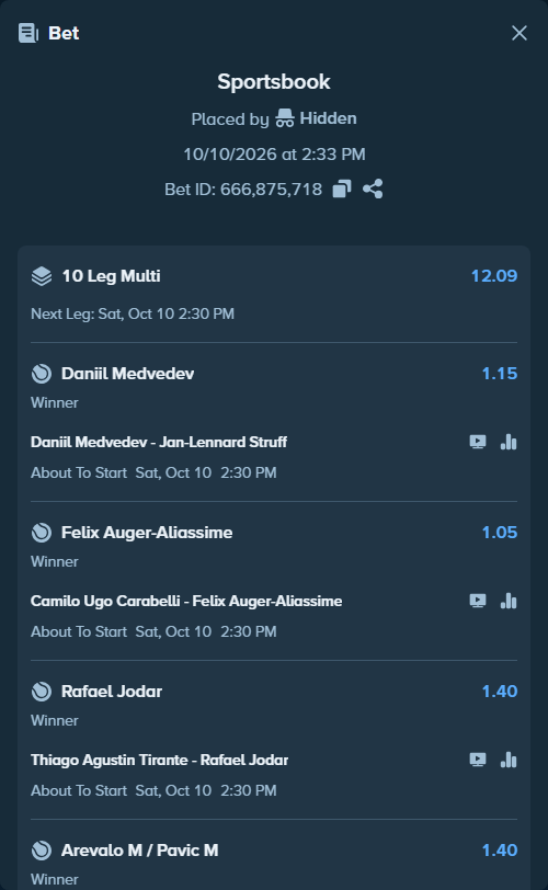 Bet slip: Daniil Medvedev - Jan-Lennard Struff, $18,333.47 stake at 1.15 odds, placed by Hidden