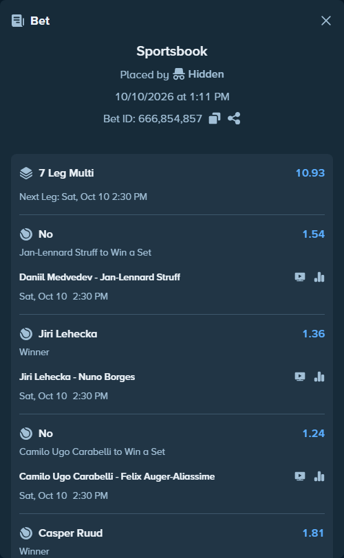 Bet slip: Daniil Medvedev - Jan-Lennard Struff, $24,750.00 stake at 1.54 odds, placed by Hidden
