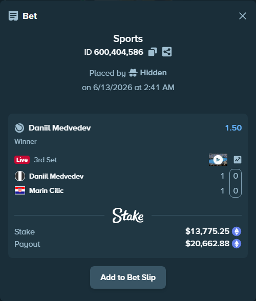 Bet slip: Daniil Medvedev - Marin Cilic, $14,308.14 stake at 1.50 odds, placed by Hidden