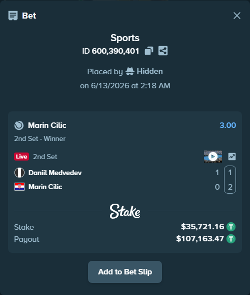 Bet slip: Daniil Medvedev - Marin Cilic, $35,756.88 stake at 3.00 odds, placed by Hidden