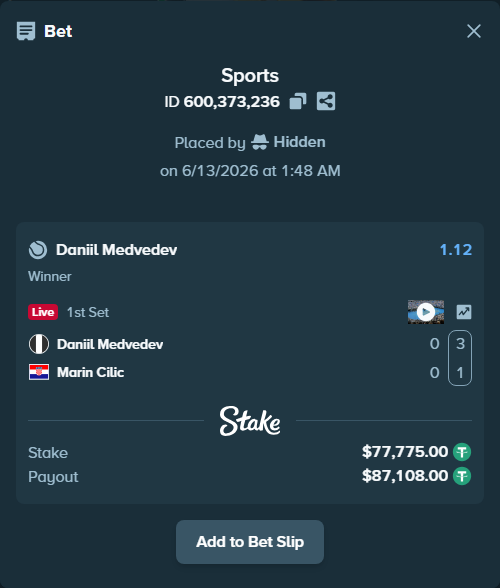 Bet slip: Daniil Medvedev - Marin Cilic, $77,852.77 stake at 1.12 odds, placed by Hidden