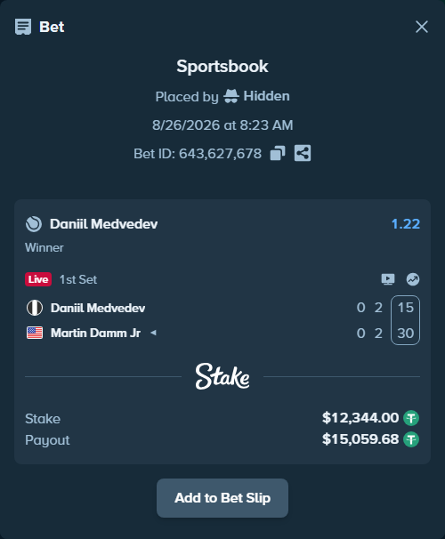 Bet slip: Daniil Medvedev - Martin Damm Jr, $12,344.00 stake at 1.22 odds, placed by Hidden