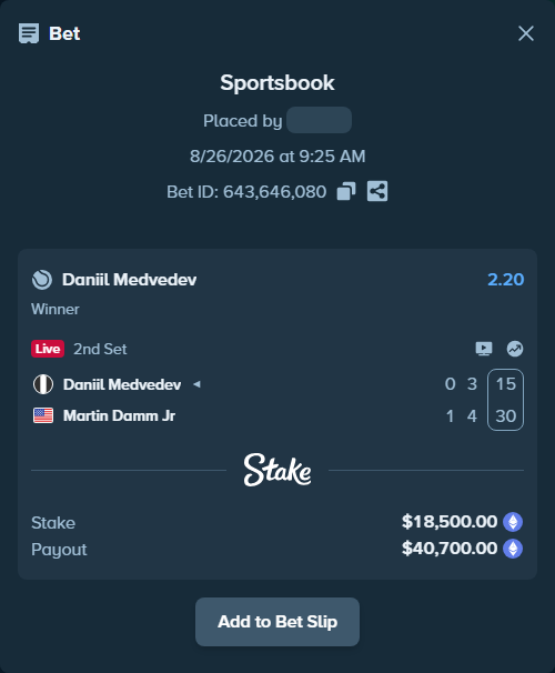 Bet slip: Daniil Medvedev - Martin Damm Jr, $18,583.46 stake at 2.20 odds, placed by lukehealy14