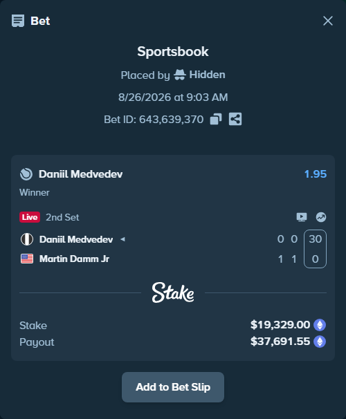 Bet slip: Daniil Medvedev - Martin Damm Jr, $19,292.39 stake at 1.95 odds, placed by Hidden