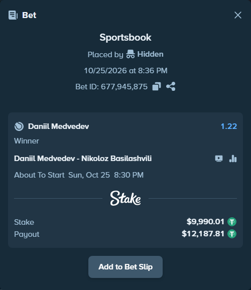 Bet slip: Daniil Medvedev - Nikoloz Basilashvili, $10,000.00 stake at 1.22 odds, placed by hunatimago