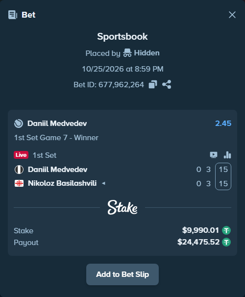 Bet slip: Daniil Medvedev - Nikoloz Basilashvili, $10,000.00 stake at 2.45 odds, placed by Hidden