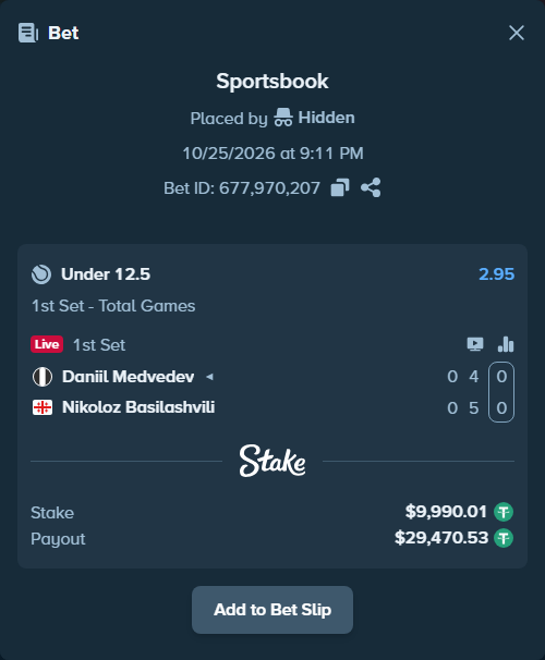 Bet slip: Daniil Medvedev - Nikoloz Basilashvili, $10,000.00 stake at 2.95 odds, placed by Hidden
