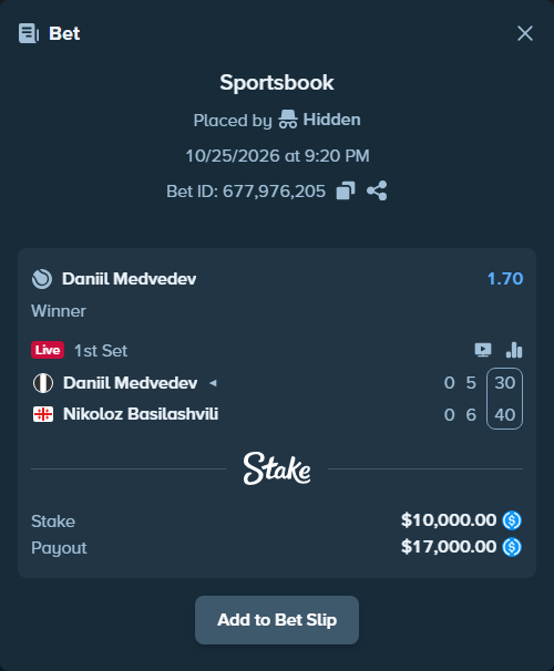Bet slip: Daniil Medvedev - Nikoloz Basilashvili, $10,000.00 stake at 1.70 odds, placed by Hidden