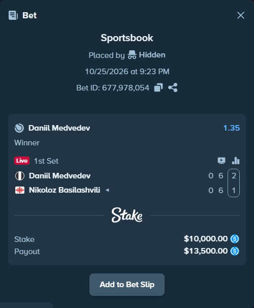 Bet slip: Daniil Medvedev - Nikoloz Basilashvili, $10,000.00 stake at 1.35 odds, placed by Hidden
