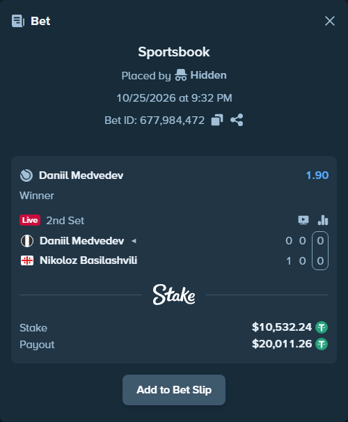 Bet slip: Daniil Medvedev - Nikoloz Basilashvili, $10,542.77 stake at 1.90 odds, placed by Hidden
