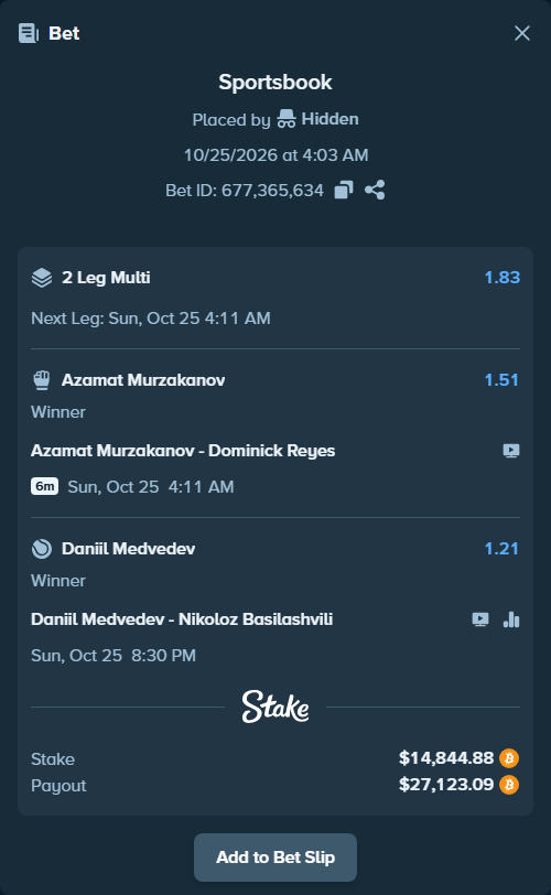 Bet slip: Daniil Medvedev - Nikoloz Basilashvili, $14,883.75 stake at 1.21 odds, placed by Hidden