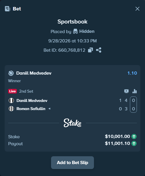Bet slip: Daniil Medvedev - Roman Safiullin, $10,000.00 stake at 1.10 odds, placed by Hidden