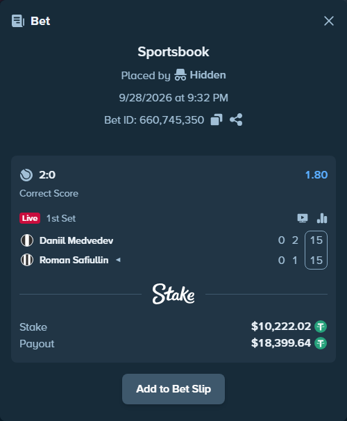 Bet slip: Daniil Medvedev - Roman Safiullin, $10,221.00 stake at 1.80 odds, placed by Hidden