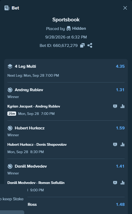 Bet slip: Daniil Medvedev - Roman Safiullin, $10,602.78 stake at 1.41 odds, placed by Hidden