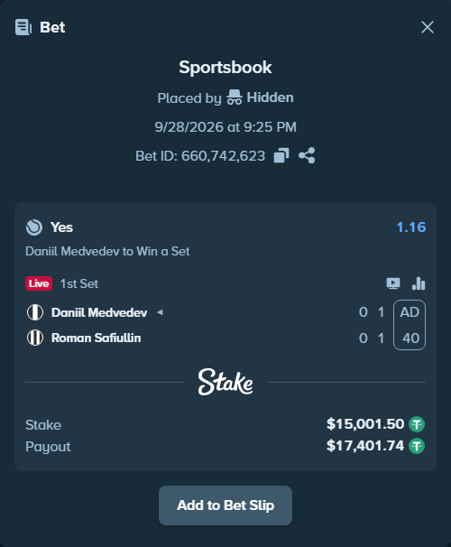 Bet slip: Daniil Medvedev - Roman Safiullin, $15,000.00 stake at 1.16 odds, placed by Hidden