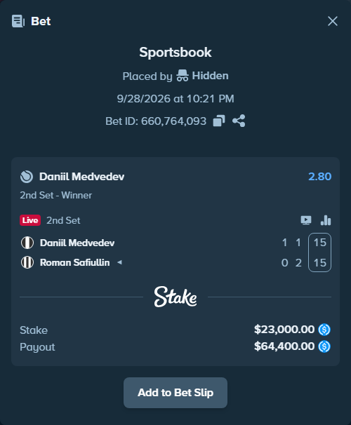 Bet slip: Daniil Medvedev - Roman Safiullin, $23,000.00 stake at 2.80 odds, placed by Hidden