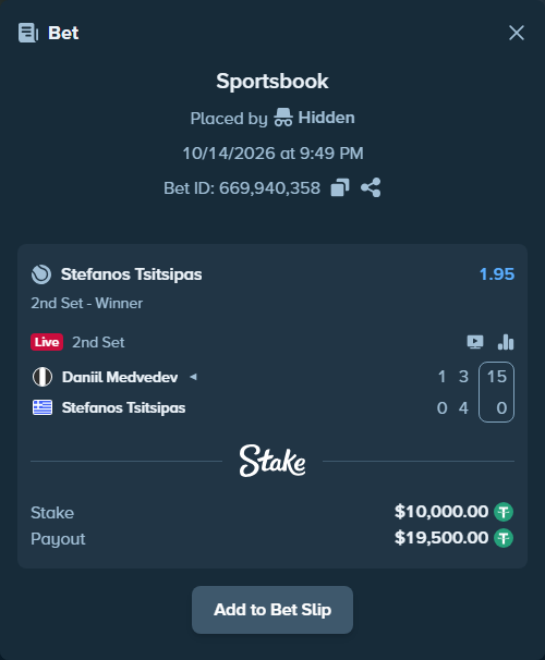 Bet slip: Daniil Medvedev - Stefanos Tsitsipas, $10,010.00 stake at 1.95 odds, placed by Hidden