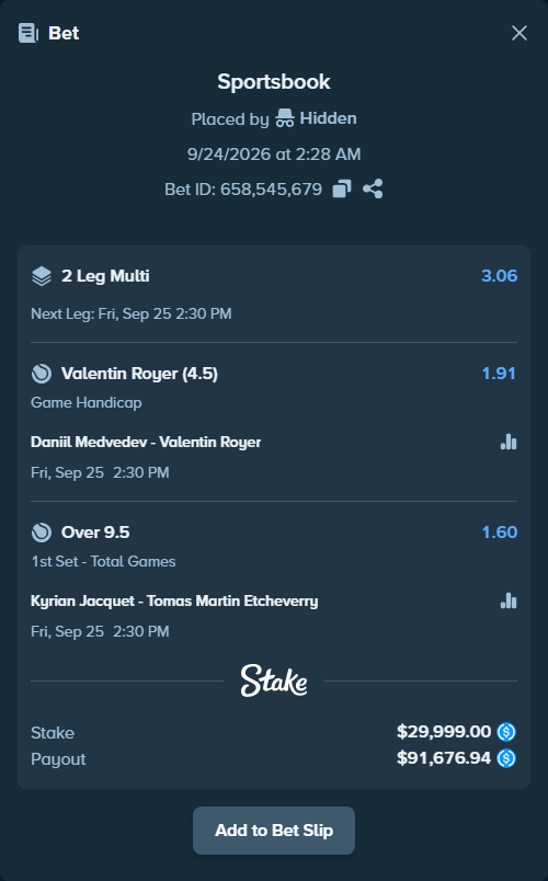 Bet slip: Daniil Medvedev - Valentin Royer, $29,999.00 stake at 1.91 odds, placed by Hidden