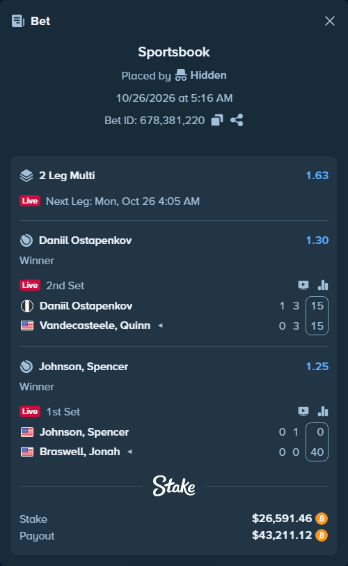 Bet slip: Daniil Ostapenkov - Vandecasteele, Quinn, $26,559.39 stake at 1.30 odds, placed by Hidden