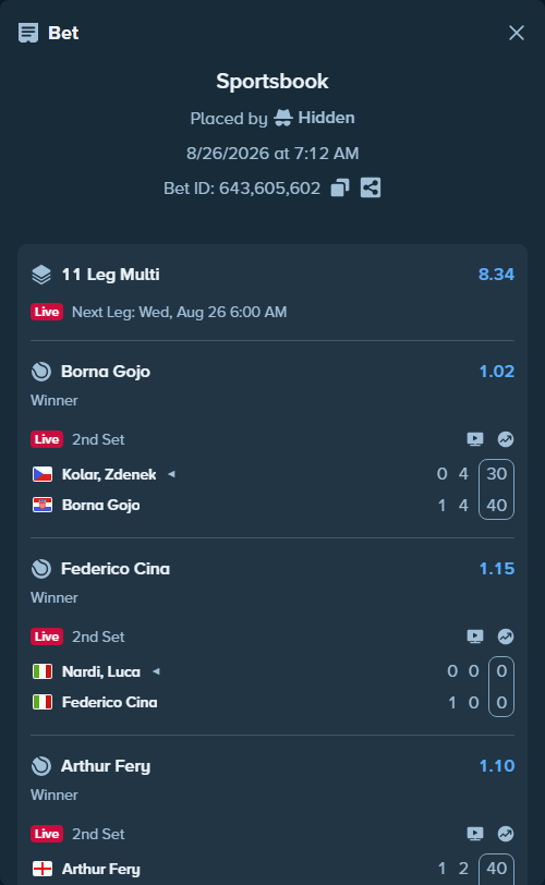 Bet slip: Danilina A / Kato M - Tang Q / Zarazua R, $17,712.00 stake at 1.26 odds, placed by Hidden