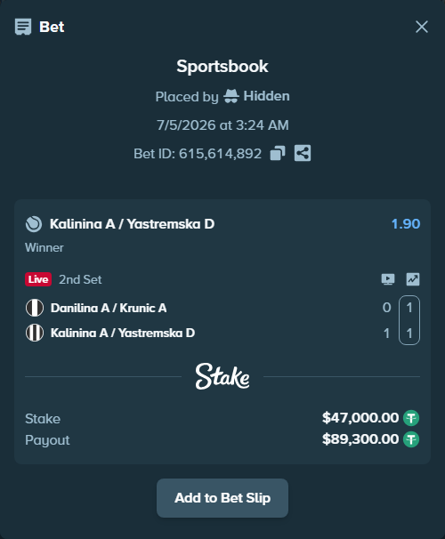 Bet slip: Danilina A / Krunic A - Kalinina A / Yastremska D, $47,047.00 stake at 1.90 odds, placed by Hidden