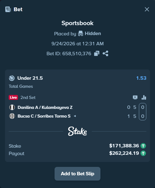 Bet slip: Danilina A / Kulambayeva Z - Bucsa C / Sorribes Tormo S, $171,388.36 stake at 1.53 odds, placed by Hidden