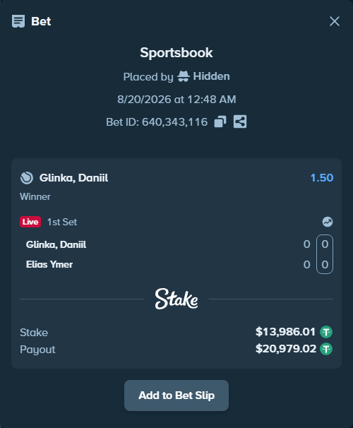 Bet slip: Danill Glinka - Elias Ymer, $14,000.00 stake at 1.50 odds, placed by Hidden