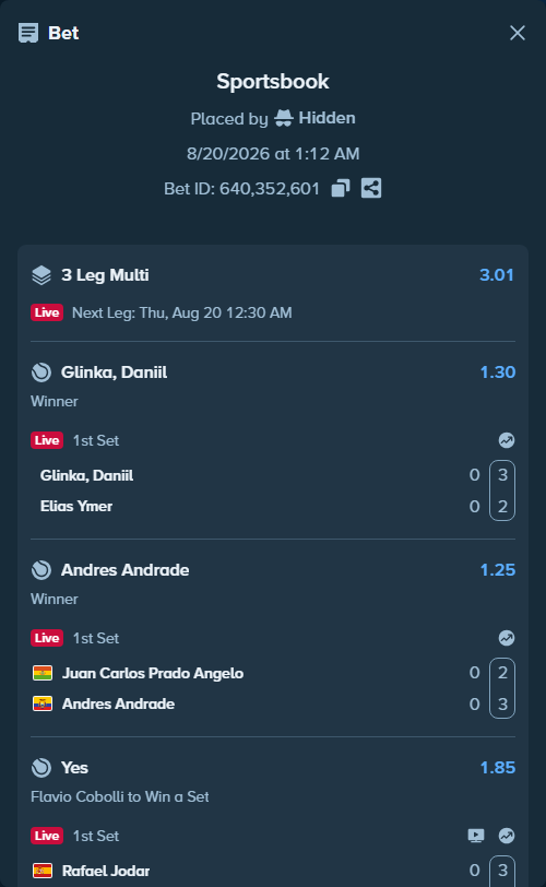 Bet slip: Danill Glinka - Elias Ymer, $32,000.00 stake at 1.30 odds, placed by Hidden