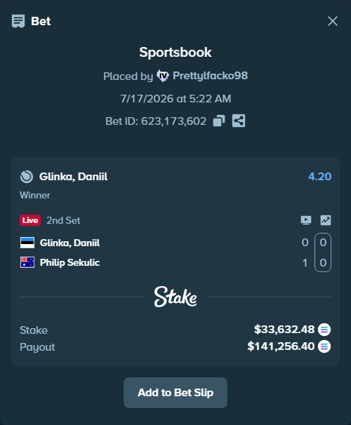 Bet slip: Danill Glinka - Philip Sekulic, $32,237.31 stake at 4.20 odds, placed by Prettylfacko98